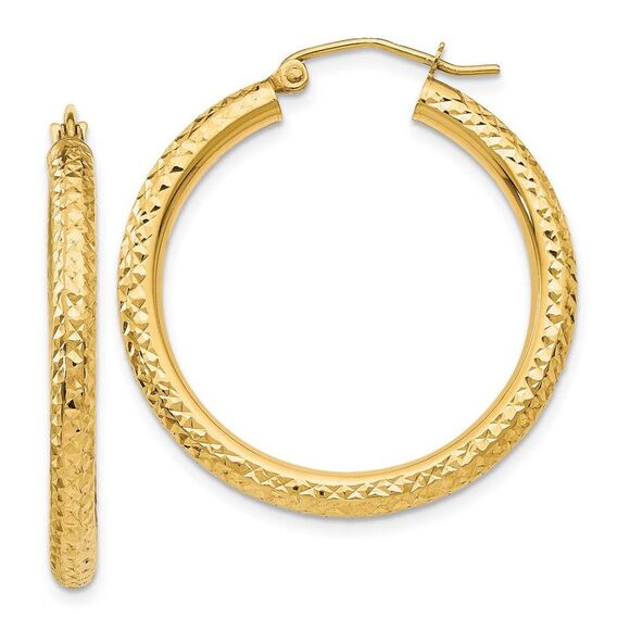 3mm x 30mm 14k Yellow Gold Diamond-cut Round Hoop Earrings